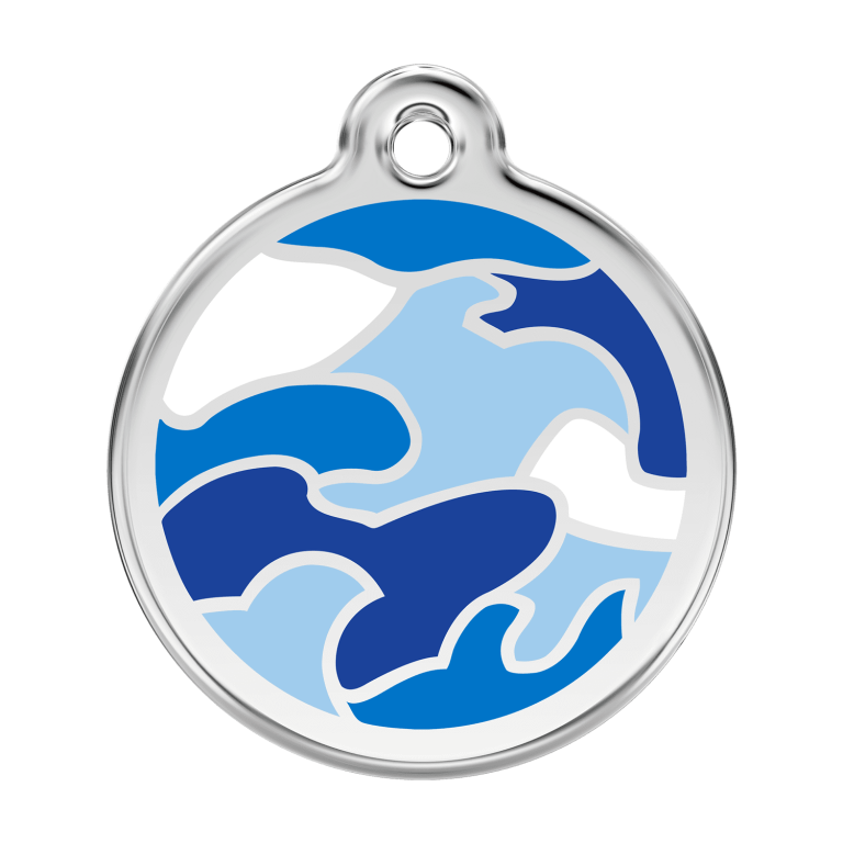 Vue avant - Médaille personnalisée pour chien Red Dingo Émail et acier inoxydable - Motif camouflage - Bleu foncé - Größe L