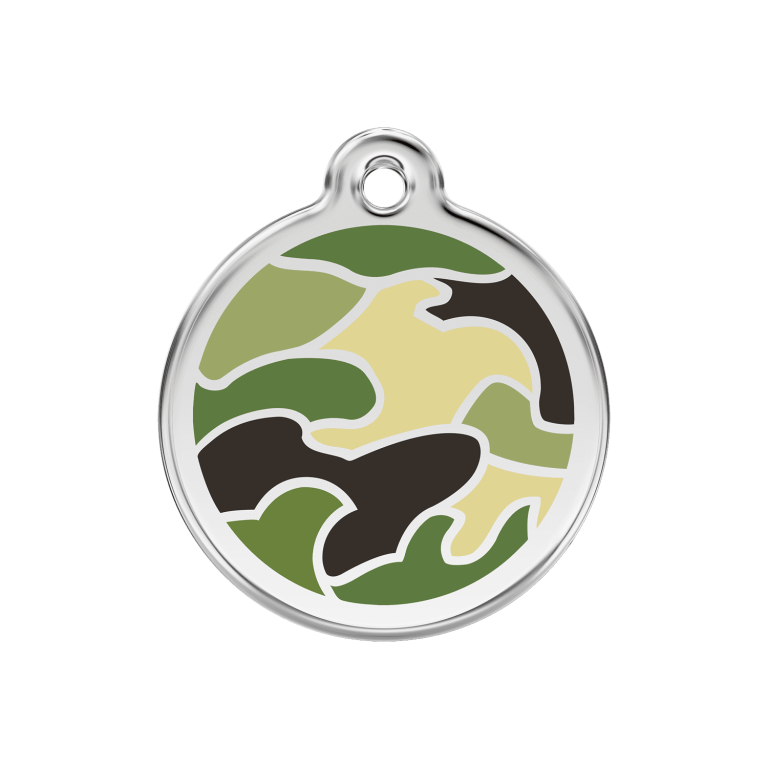 Vue avant - Médaille personnalisée pour chien Red Dingo Émail et acier inoxydable motif camouflage vert - Größe M