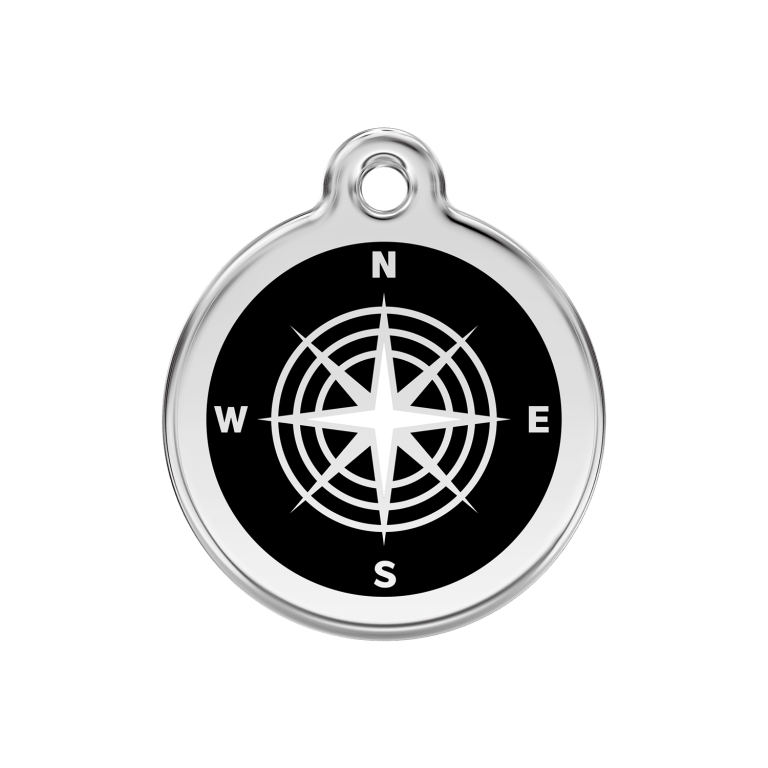 Vue avant - Médaille personnalisée pour chien Red Dingo Émail et acier inoxydable - Motif boussole - Noir - Größe M - 30mm