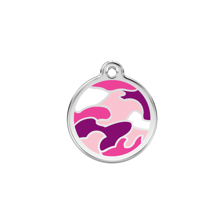 Vue avant - Médaille personnalisable en émail et acier inoxydable pour chat - Camouflage rose - Red Dingo