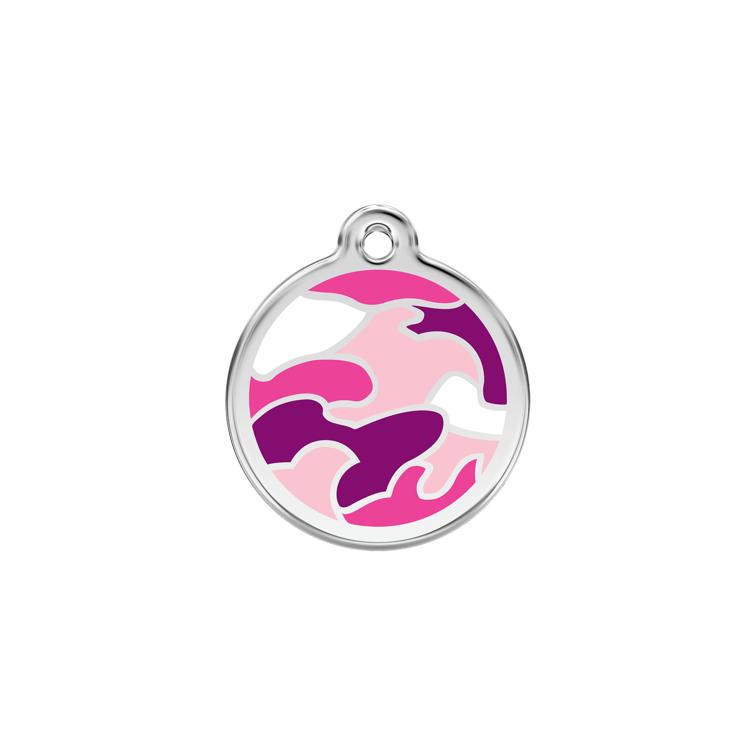 Vue avant - Médaille personnalisable en émail et acier inoxydable pour chat - Camouflage rose - Red Dingo