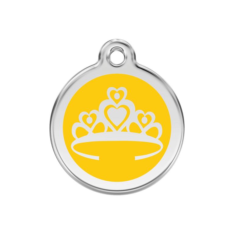 Vue avant - Médaille personnalisée pour chien ou chat - Red Dingo Émail et acier inoxydable - Couronne jaune - Größe M
