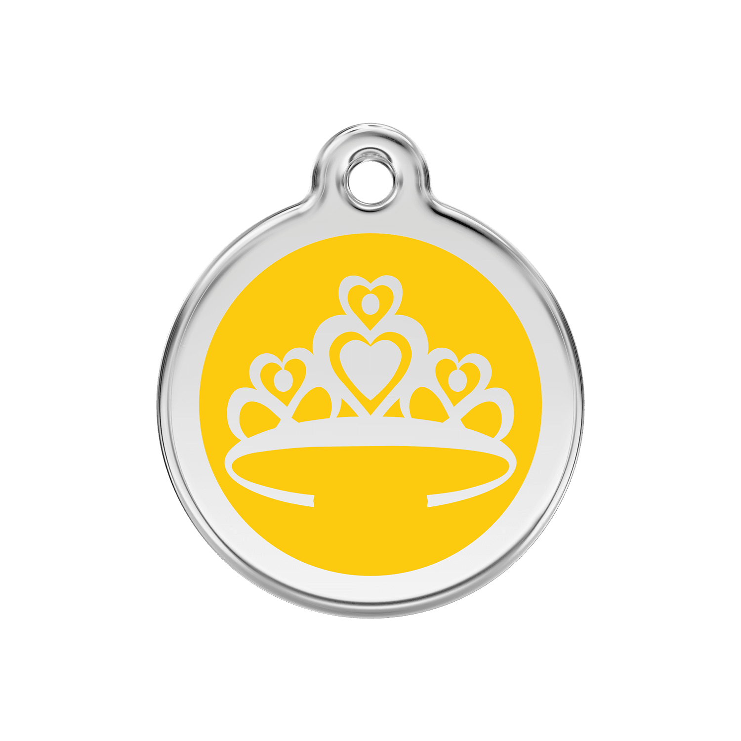 Vue avant - Médaille personnalisée pour chien ou chat - Red Dingo Émail et acier inoxydable - Couronne jaune - Größe M