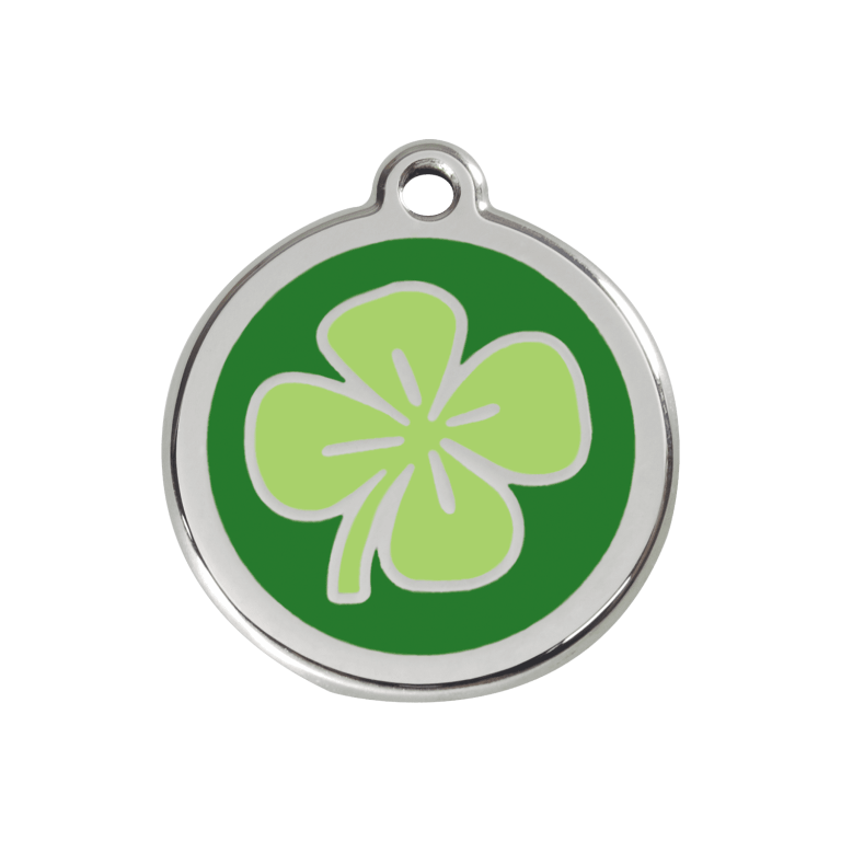 Vue avant - Médaille personnalisée pour chien/chat Red Dingo - Émail et acier inoxydable - Motif trèfle vert - Größe M