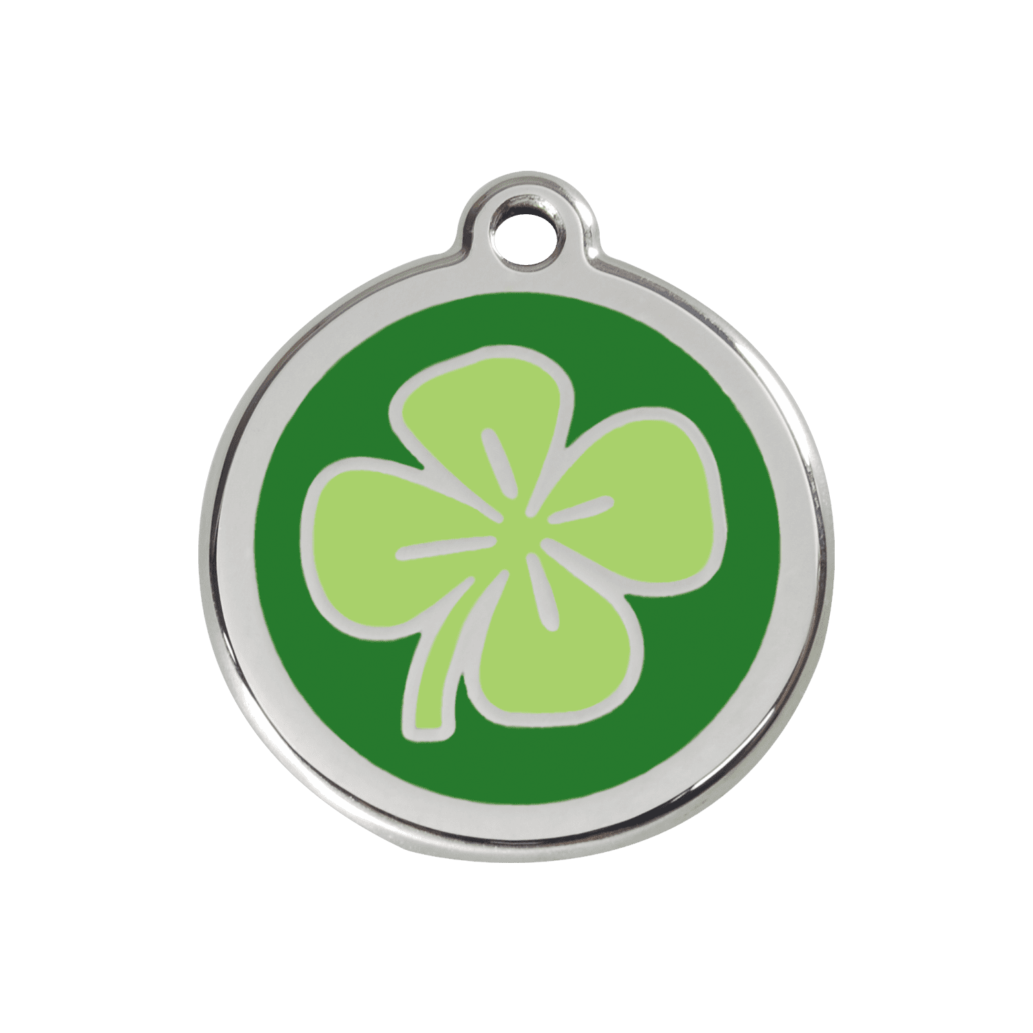 Vue avant - Médaille personnalisée pour chien/chat Red Dingo - Émail et acier inoxydable - Motif trèfle vert - Größe M