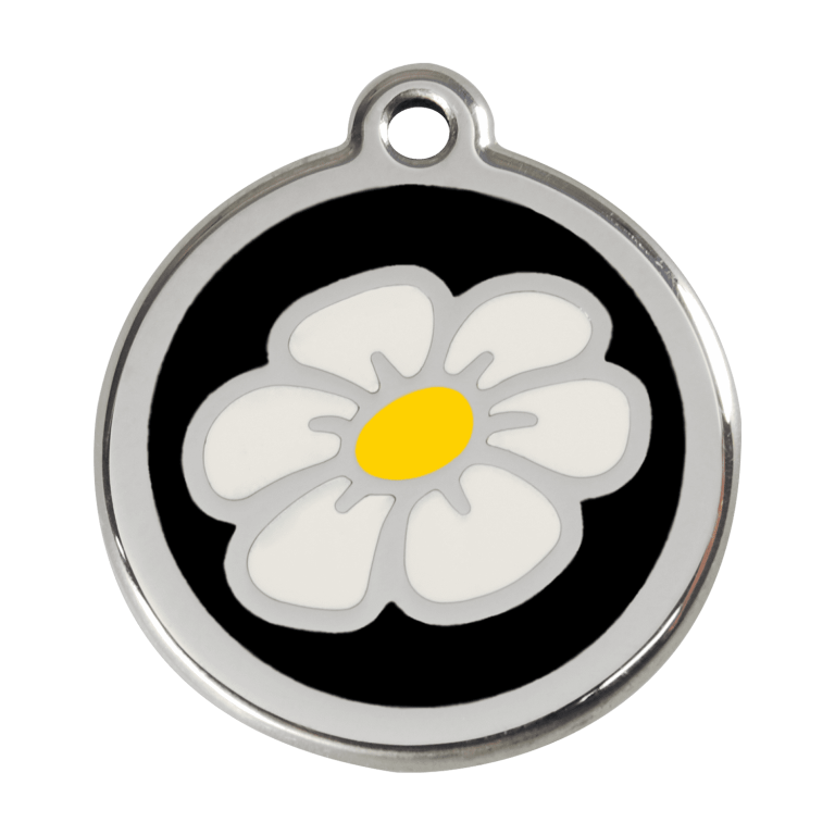 Vue avant - Médaille personnalisée pour chien - Red Dingo Émail et acier inoxydable - Motif Marguerite - Noir - Größe L