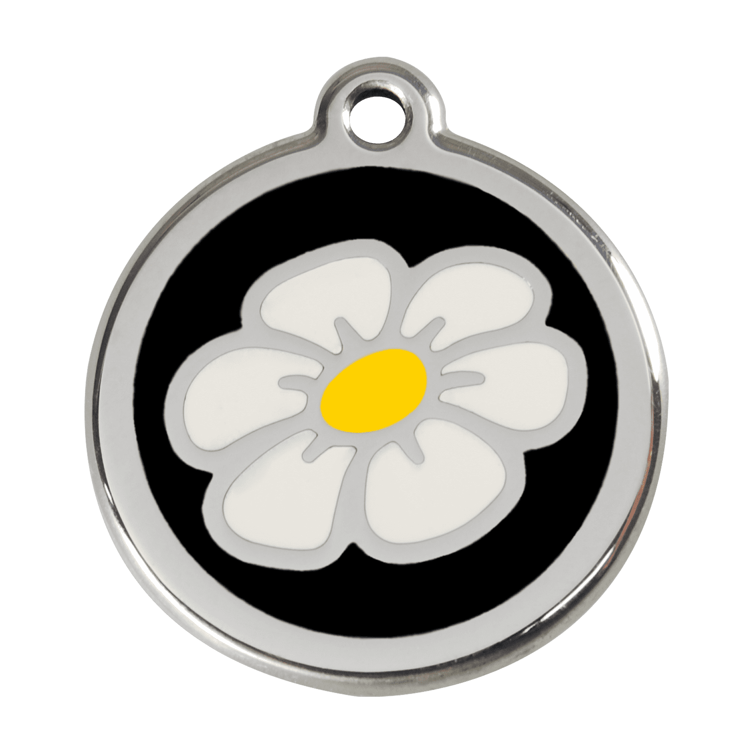 Vue avant - Médaille personnalisée pour chien - Red Dingo Émail et acier inoxydable - Motif Marguerite - Noir - Größe L