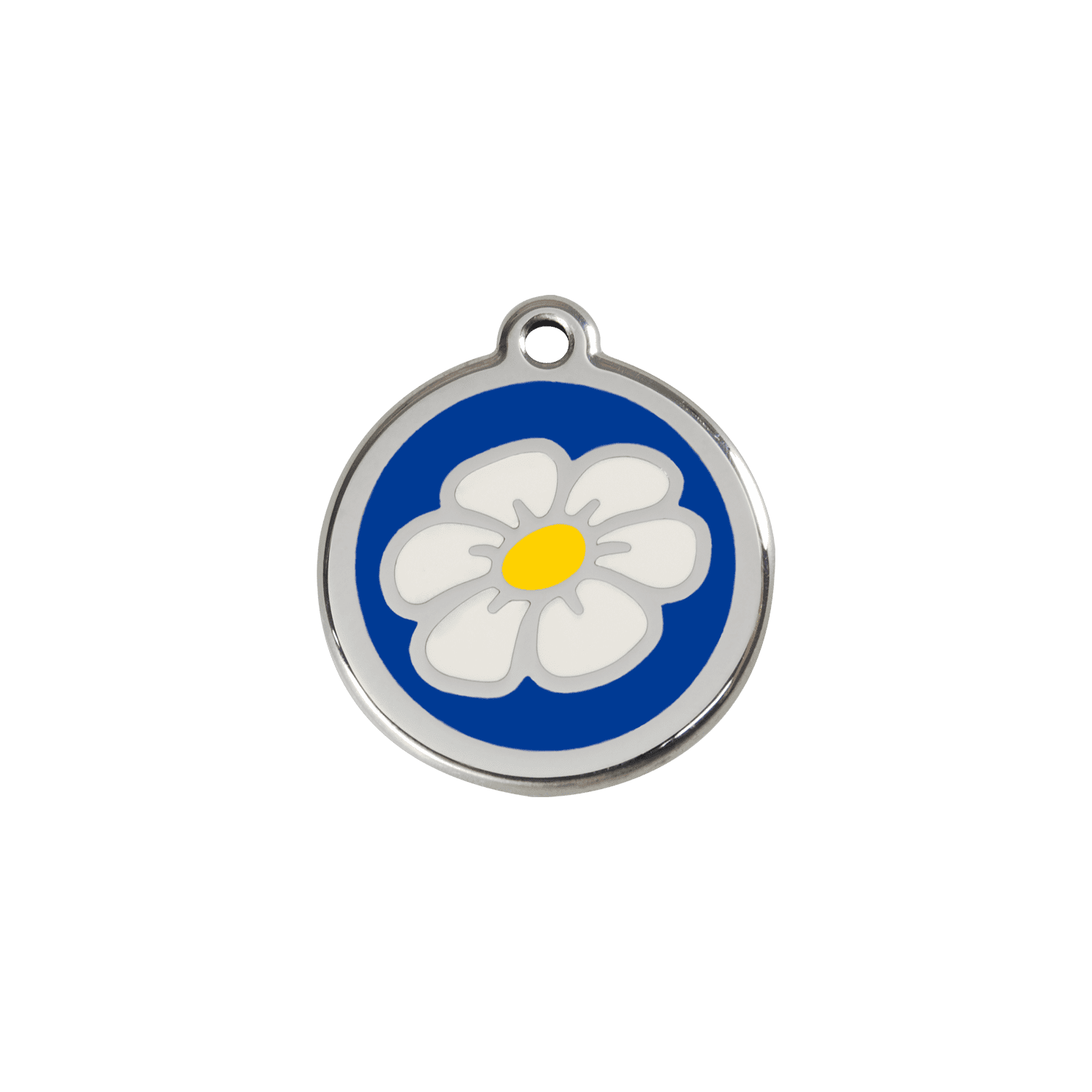 Vue avant - Médaille personnalisée pour chat ou petit chien - Red Dingo Émail et acier inoxydable Marguerite Bleu foncé