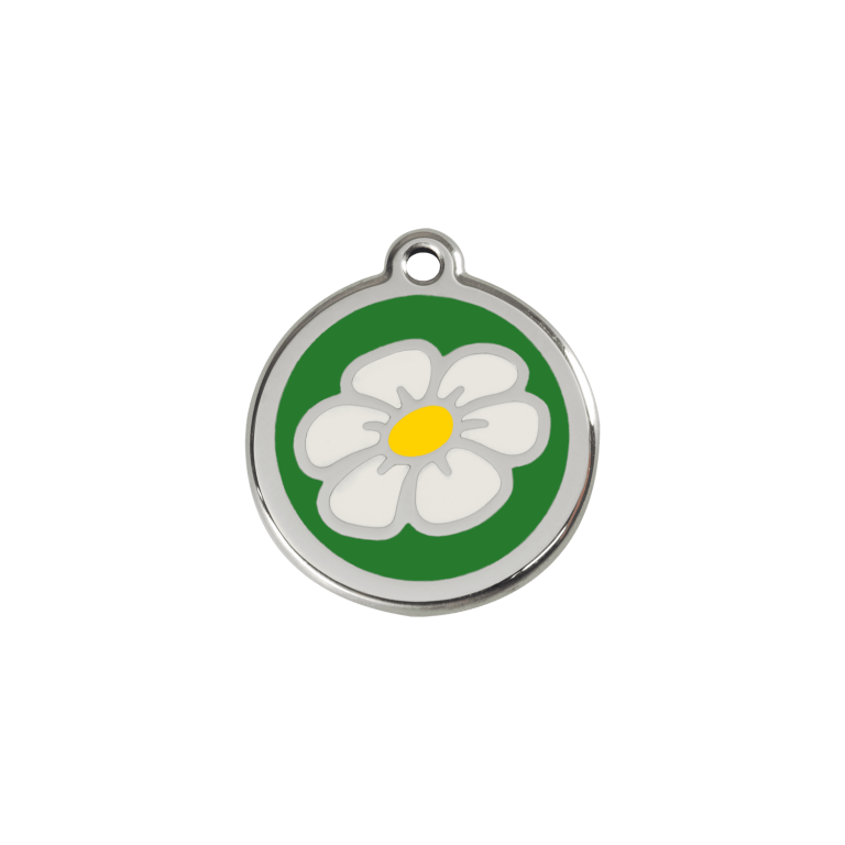Vue avant - Médaille personnalisée pour chien/chat - Marguerite verte en émail et acier inoxydable - Red Dingo - Größe S