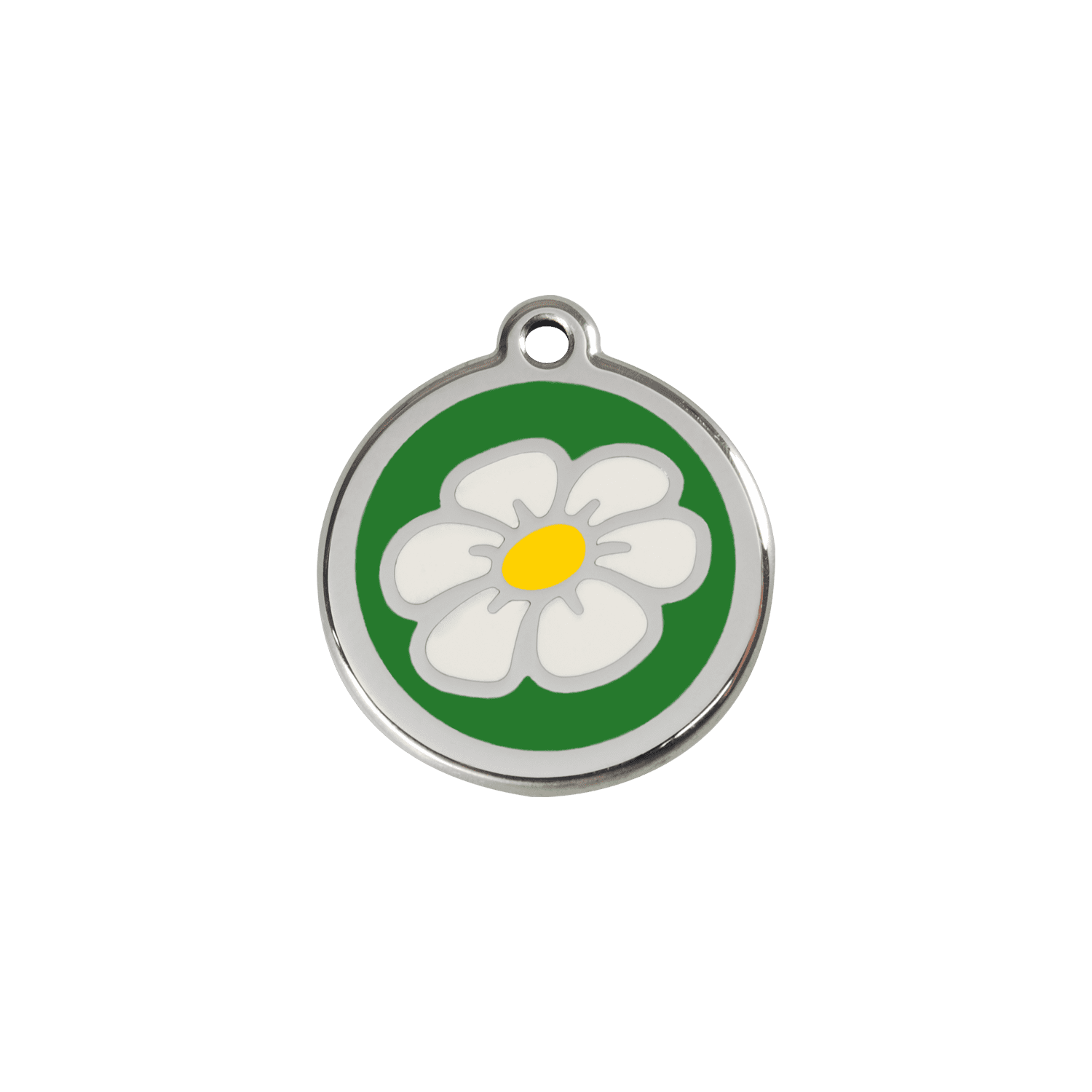 Vue avant - Médaille personnalisée pour chien/chat - Marguerite verte en émail et acier inoxydable - Red Dingo - Größe S