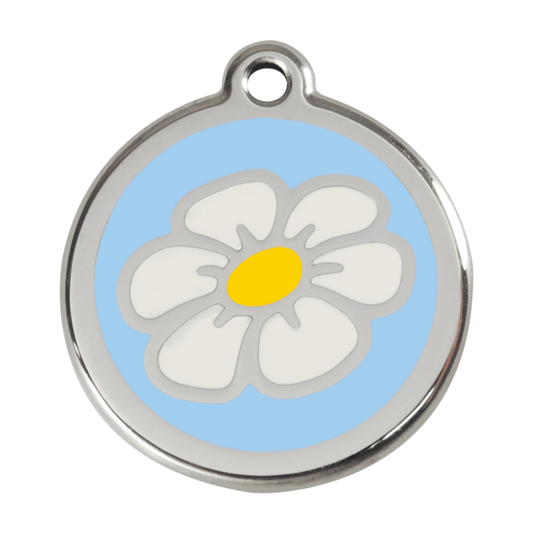 Vue avant - Médaille personnalisée pour chien Red Dingo Émail et acier inoxydable Marguerite Bleu clair - Größe L
