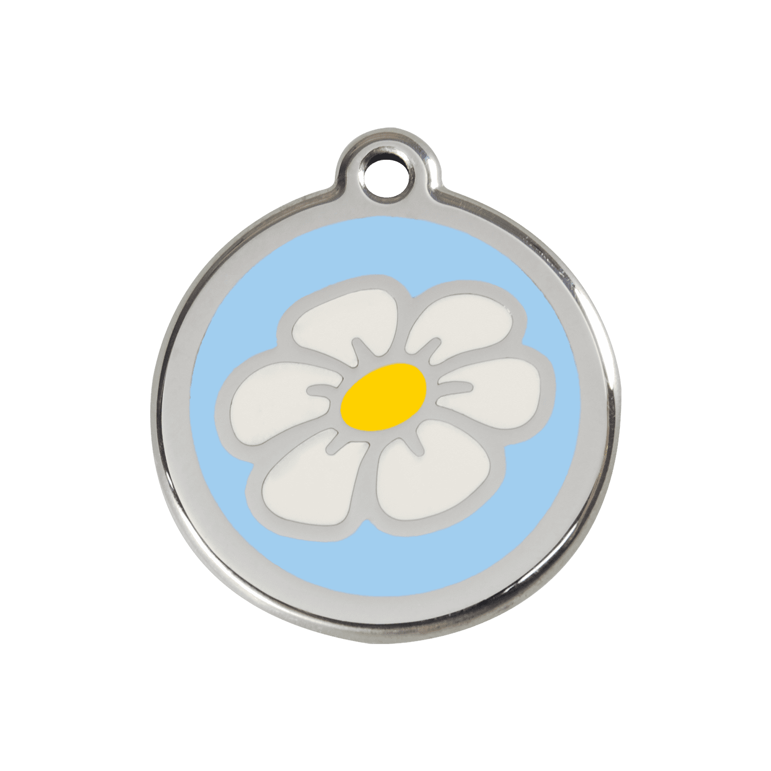Vue avant - Médaille personnalisée pour chien ou chat - Red Dingo Émail et acier inoxydable Marguerite Bleu clair 30.00mm