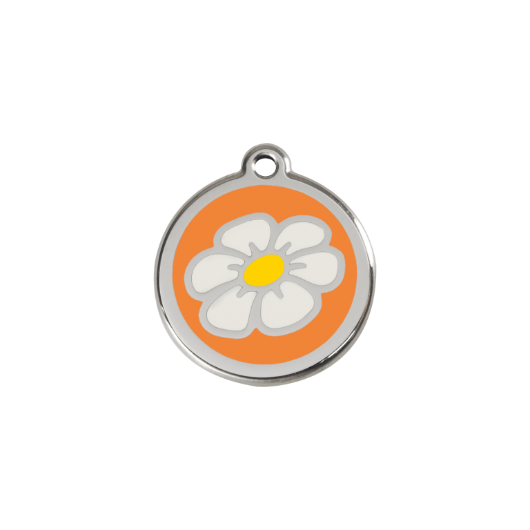 Vue avant - Médaille personnalisée pour chat en émail et acier inoxydable - Marguerite orange - Red Dingo