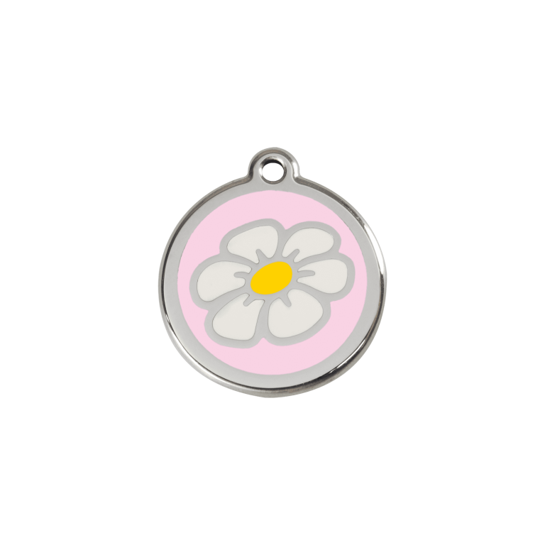 Vue avant - Médaille personnalisable Marguerite rose en émail et acier inoxydable pour chat ou petit chien - Red Dingo