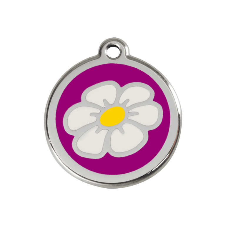 Vue avant - Médaille personnalisée pour chien ou chat - Red Dingo Émail et acier inoxydable Marguerite Violet - Größe M
