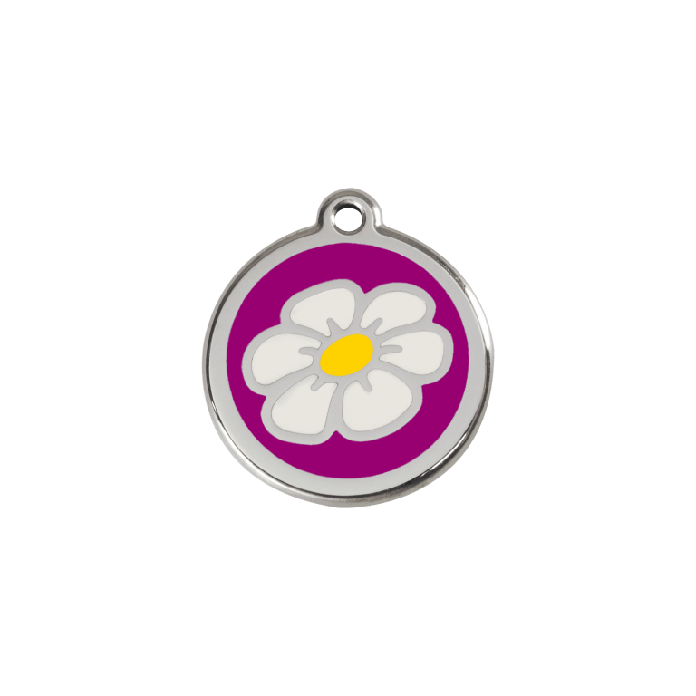 Vue avant - "Médaille personnalisée pour chat ou chien - Red Dingo Émail et acier inoxydable - Marguerite Violet - Größe S"