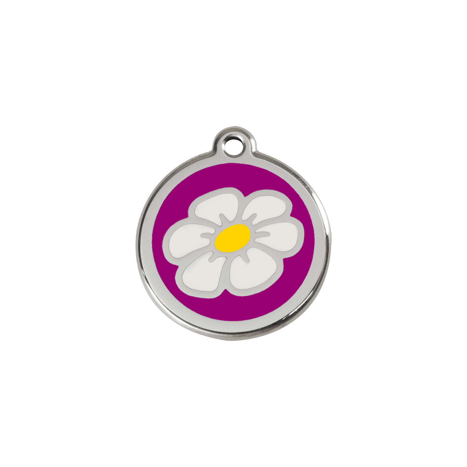 Vue avant - "Médaille personnalisée pour chat ou chien - Red Dingo Émail et acier inoxydable - Marguerite Violet - Größe S"