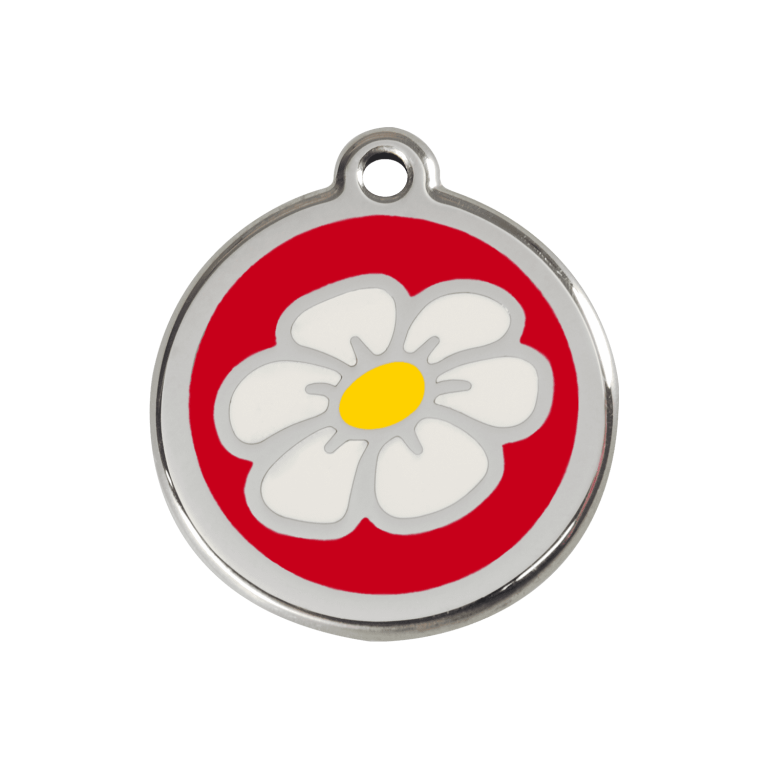 Vue avant - Médaille personnalisée pour chien ou chat - Red Dingo Émail et acier inoxydable Marguerite Rouge - Größe M