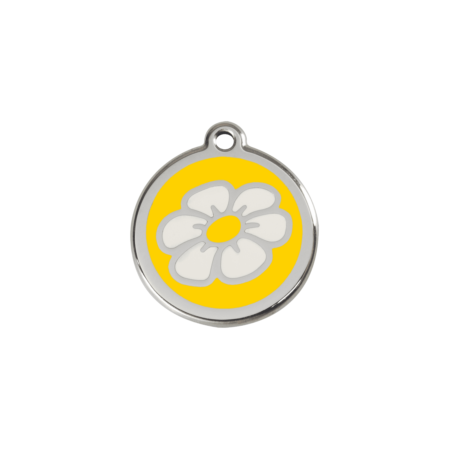 Vue avant - Médaille personnalisable pour chat ou chien - Red Dingo Émail et acier inoxydable - Marguerite Jaune - Größe S