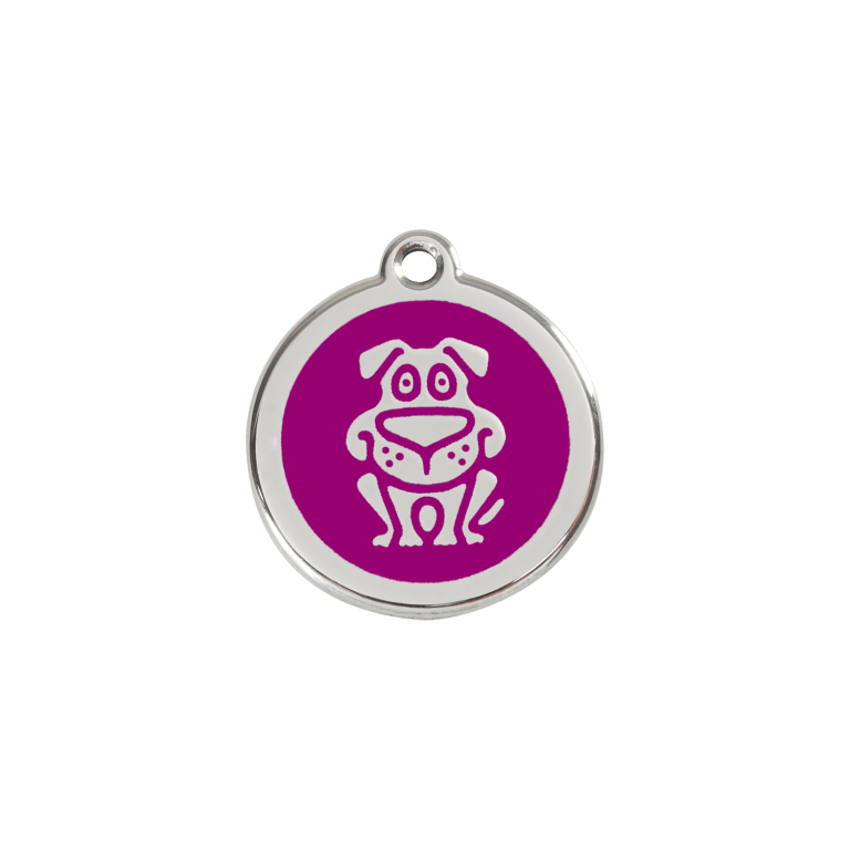 Vue avant - Médaille personnalisée pour chien ou chat - Red Dingo Émail et acier inoxydable - Motif chien - Violet - Größe S