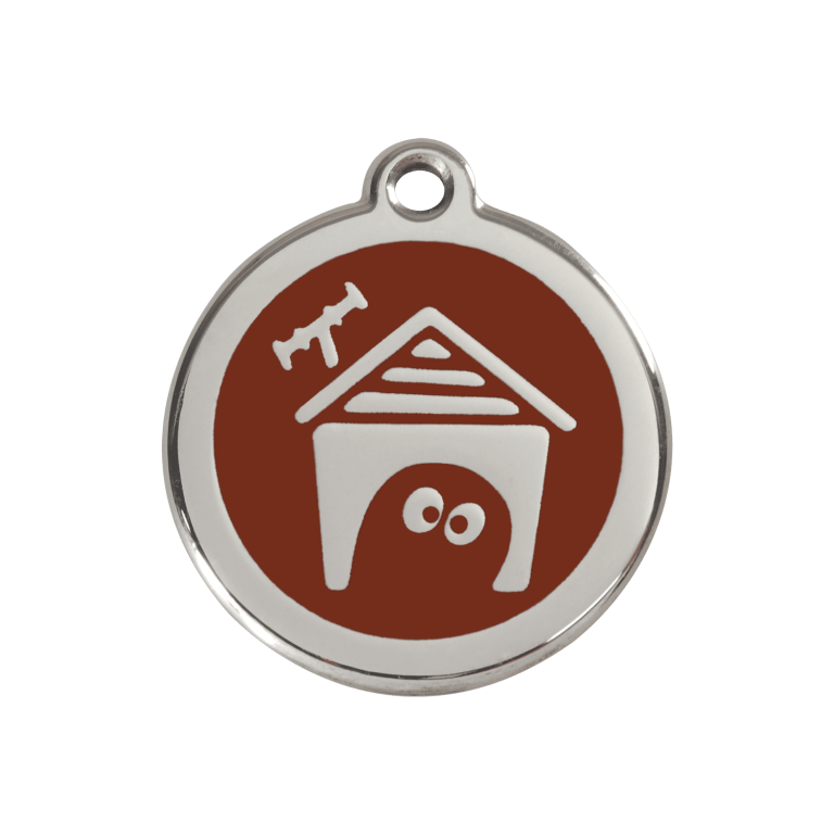 Vue avant - Médaille personnalisée pour chien Red Dingo en émail et acier inoxydable - Motif Niche - Brun - Größe M