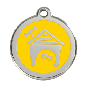 Gelbe Hundemarke mit Hundehütte aus Emaille und Edelstahl – Größe L