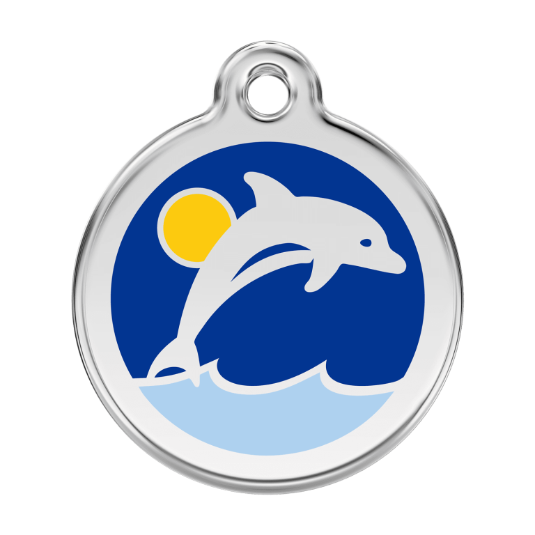 Vue avant - Médaille personnalisée pour chien - Red Dingo Émail et acier inoxydable - Dauphin Bleu foncé - Größe L