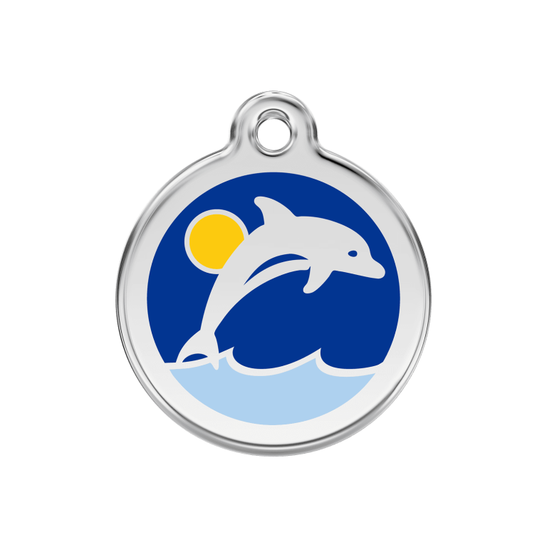 Vue avant - Médaille personnalisée pour chien Red Dingo Émail et acier inoxydable Dauphin Bleu foncé 30mm