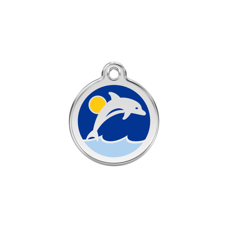 Vue avant - Médaille personnalisée pour chien/chat Red Dingo Émail/Acier inoxydable Dauphin Bleu foncé 20mm