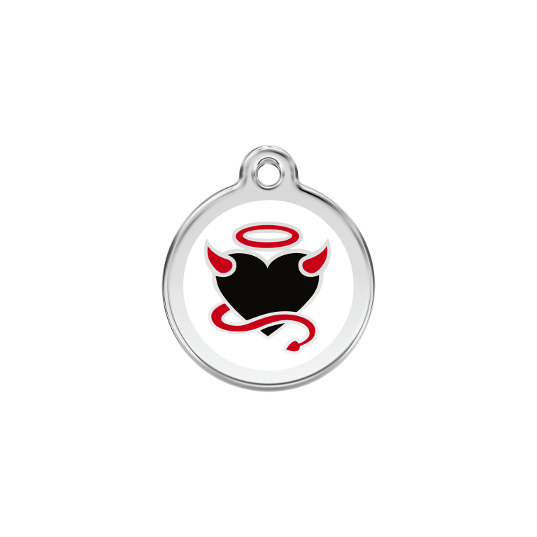 Vue avant - Médaille personnalisée pour chien/chat Red Dingo Émail et acier inoxydable - Motif Diable - Blanc - Größe S
