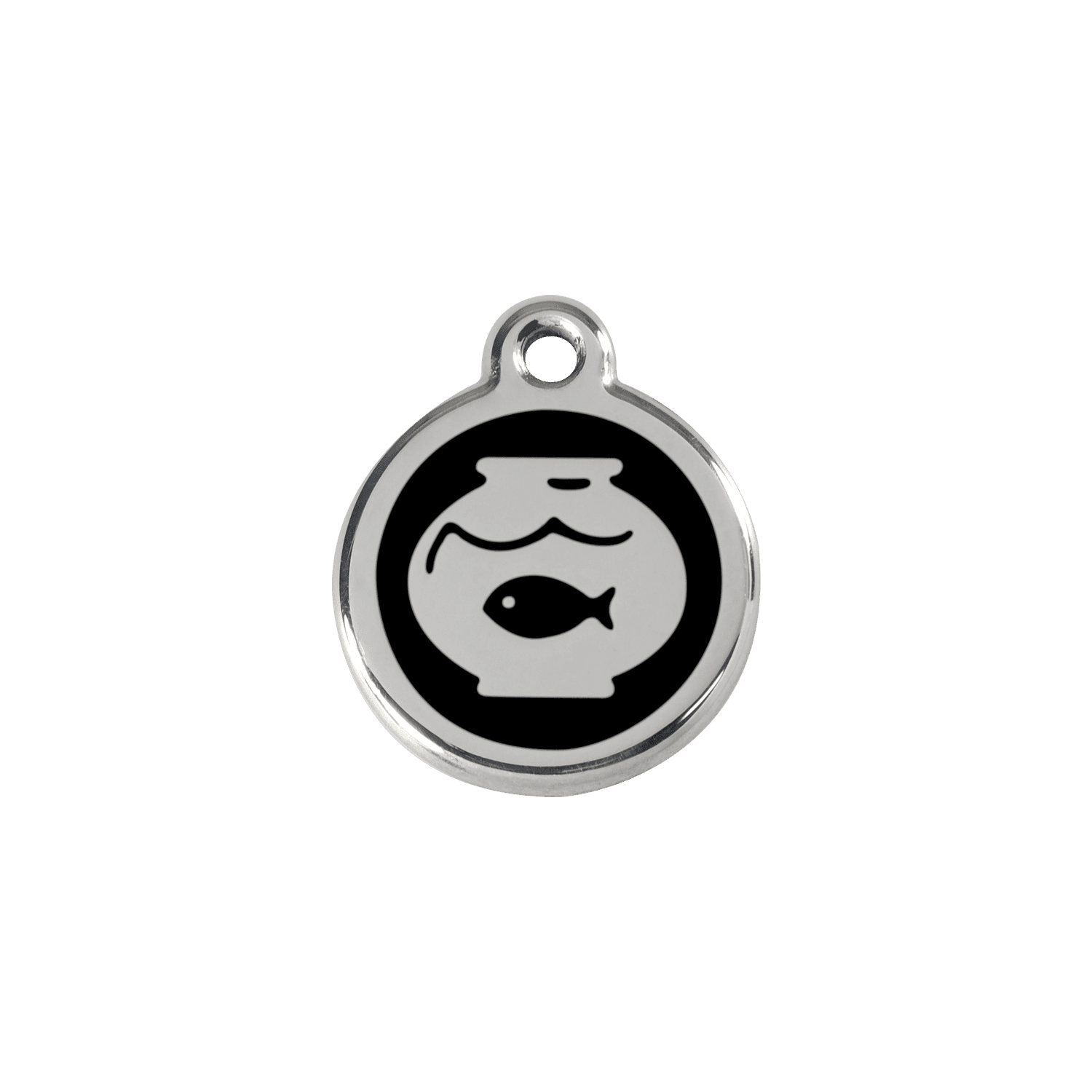 Vue avant - Médaille personnalisée en émail et acier inoxydable Red Dingo - Motif bocal à poissons - Noir - Größe S