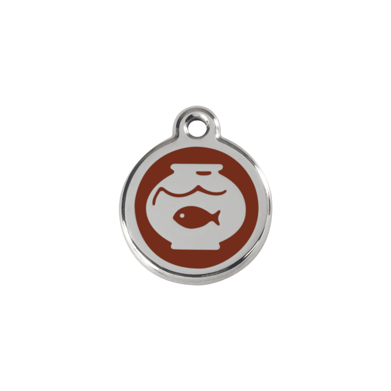 Vue avant - Médaille personnalisée pour chat en émail et acier inoxydable Red Dingo - Motif bocal à poissons - Brun - Größe S