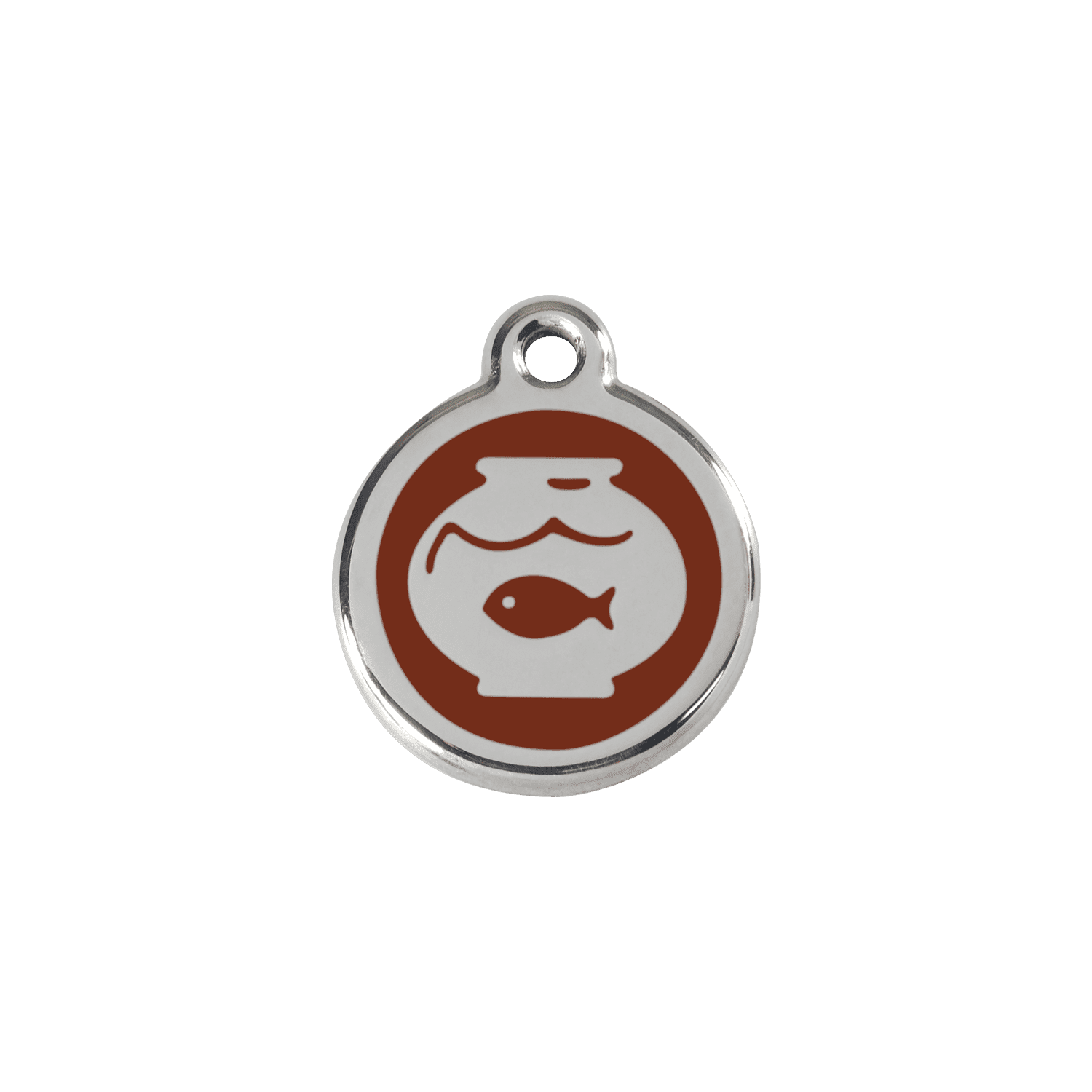 Vue avant - Médaille personnalisée pour chat en émail et acier inoxydable Red Dingo - Motif bocal à poissons - Brun - Größe S