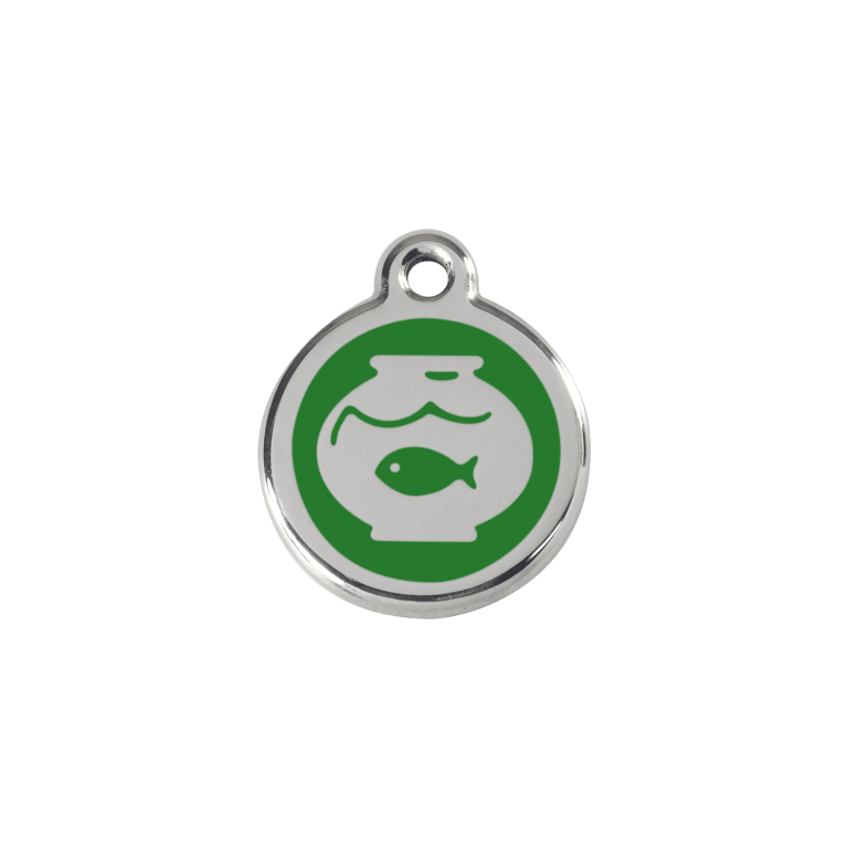 Vue avant - Médaille personnalisée pour chien/chat Red Dingo Émail et acier inoxydable - Motif bocal poissons - Vert - Größe S