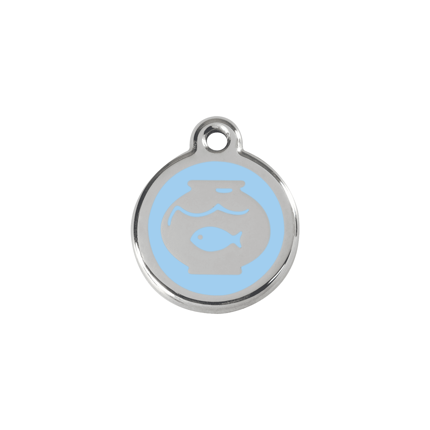 Vue avant - Médaille personnalisable pour chat ou chien Red Dingo Émail et acier inoxydable - Motif bocal à poissons - Bleu clair - Größe S