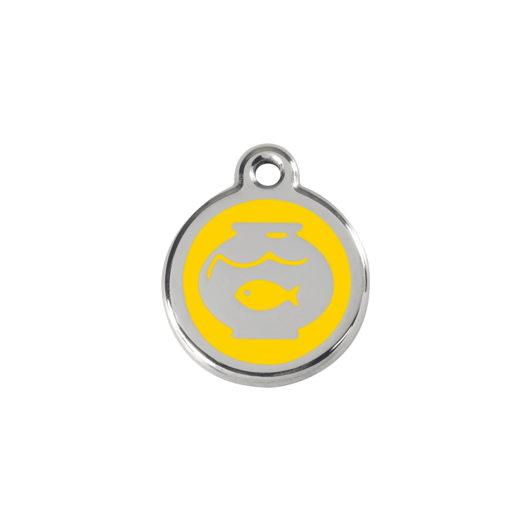 Vue avant - Médaille personnalisée pour chien/chat Red Dingo Émail/Acier Jaune - Motif Bocal Poissons - Größe S