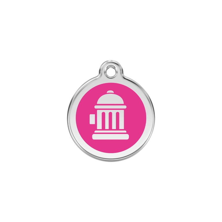 Vue avant - Médaille personnalisée pour chat ou chien - Red Dingo Émail et acier inoxydable - Bouche d'incendie rose vif