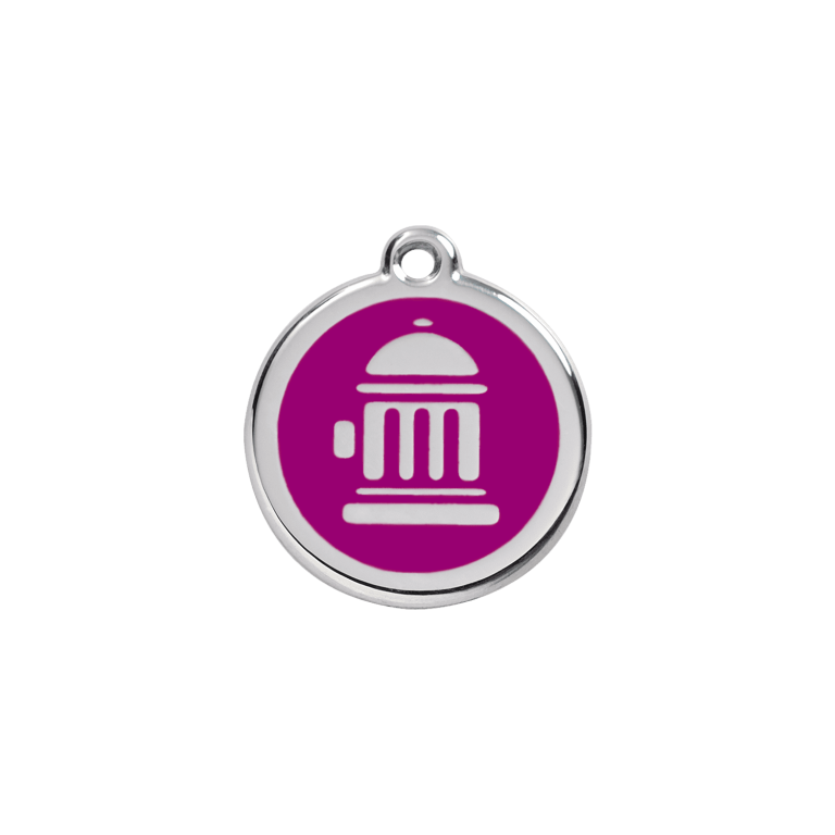 Vue avant - Médaille personnalisable pour chat ou petit chien - Red Dingo Émail et acier inoxydable - Bouche d'incendie violet