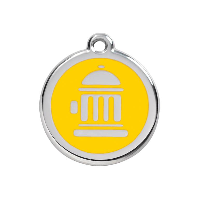 Vue avant - Médaille personnalisée pour chien - Red Dingo Émail et acier inoxydable - Bouche d'incendie jaune - Größe M