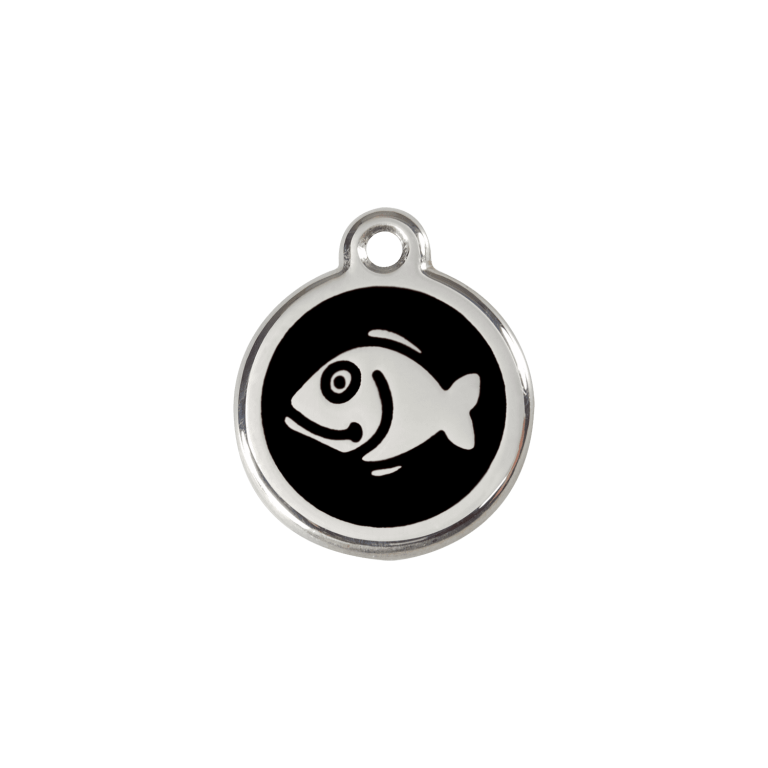 Vue avant - Médaille personnalisée pour chien/chat Red Dingo Émail et acier inoxydable - Motif poisson - Noir - Größe S