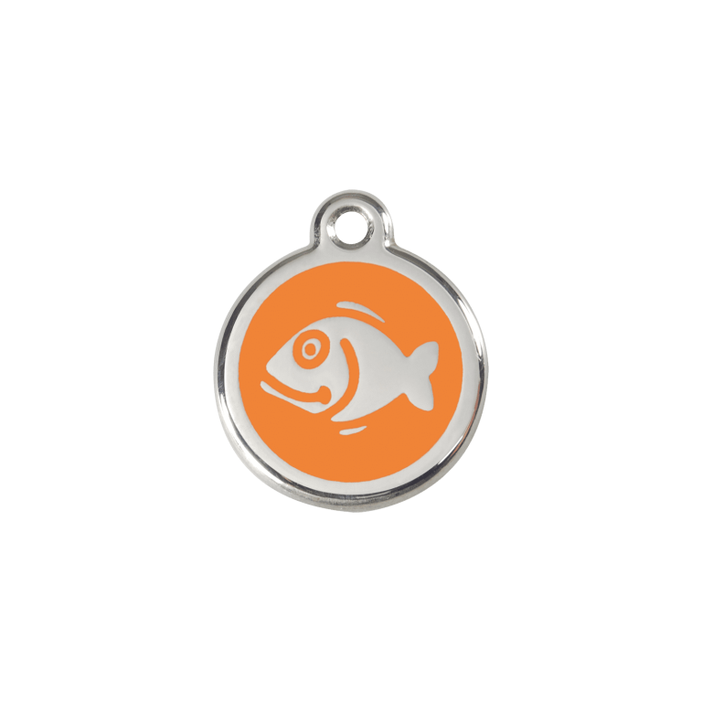 Vue avant - Médaille personnalisée chat Red Dingo Émail et acier inoxydable motif poisson orange - Größe S