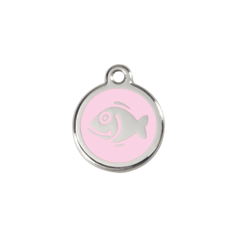 Vue avant - Médaille personnalisable pour chat en émail et acier inoxydable - Motif poisson rose - Red Dingo 01-FI-PK-SM