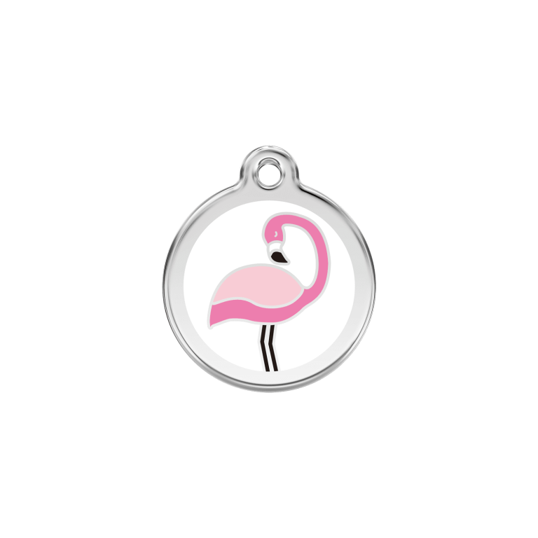 Vue avant - Médaille personnalisée pour chat ou chien - Red Dingo Émail et acier inoxydable - Motif Flamant Blanc - Größe S