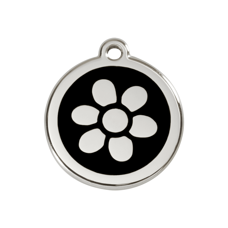 Vue avant - Médaille personnalisée pour chien Red Dingo Émail et acier inoxydable - Motif Fleur - Noir - Größe M