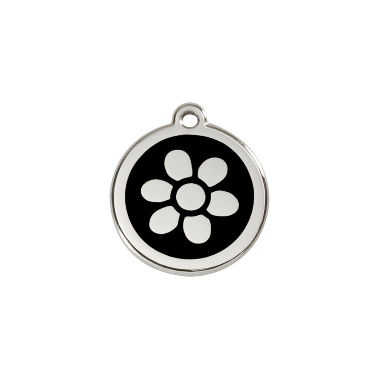 Vue avant - Médaille personnalisée pour chat Red Dingo Émail et acier inoxydable - Motif Fleur Noir - Größe S