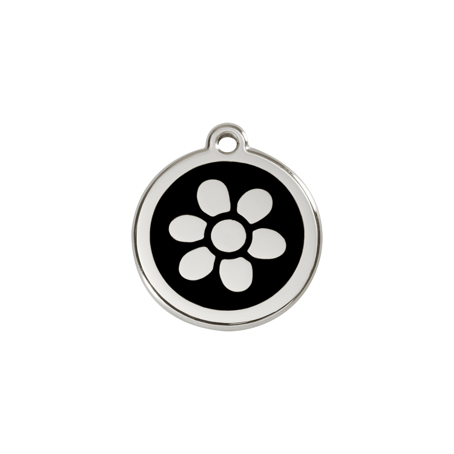 Vue avant - Médaille personnalisée pour chat Red Dingo Émail et acier inoxydable - Motif Fleur Noir - Größe S