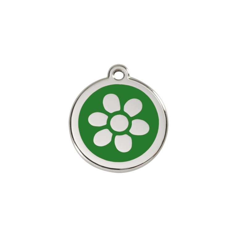 Vue avant - Médaille personnalisée en émail et acier inoxydable pour chat - Red Dingo - Fleur Vert - Größe S