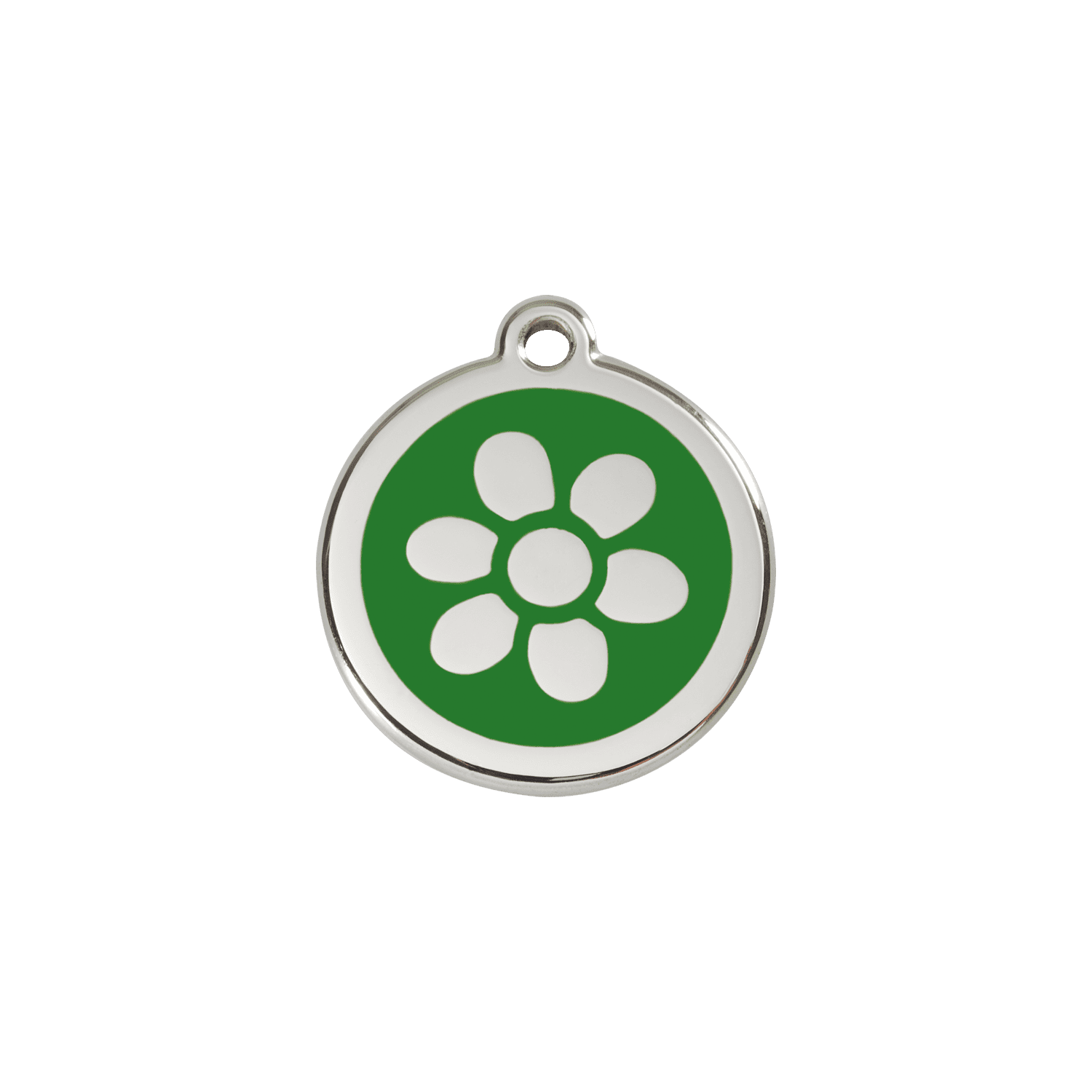 Vue avant - Médaille personnalisée en émail et acier inoxydable pour chat - Red Dingo - Fleur Vert - Größe S