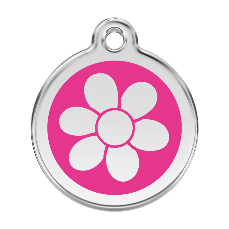 Vue avant - Médaille personnalisée pour chien Red Dingo Émail et acier inoxydable - Fleur Rose vif - Größe L