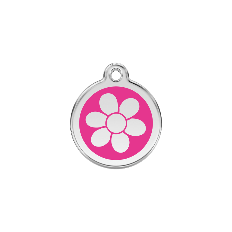 Vue avant - Médaille personnalisée pour chat en émail et acier inoxydable - Red Dingo - Fleur rose vif - Größe S
